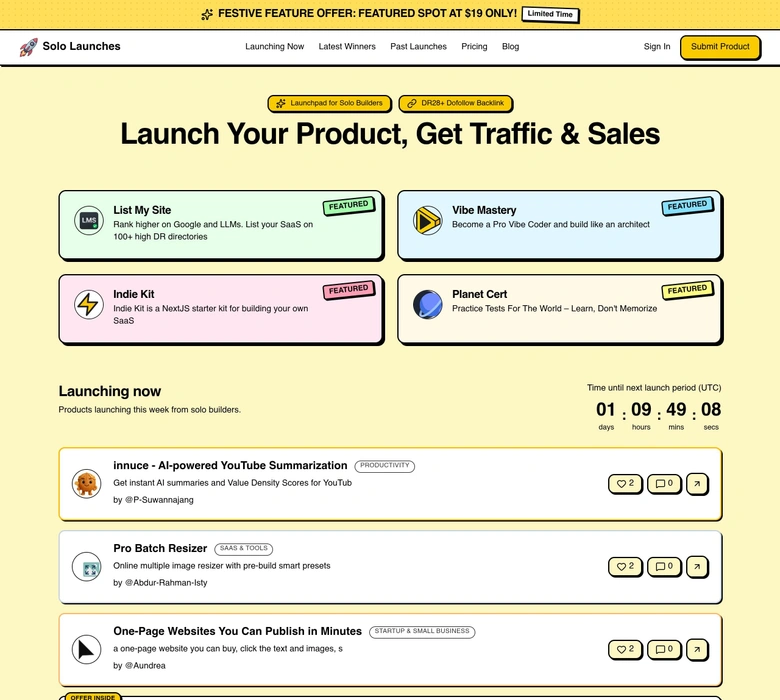 Solo Launches — landing page