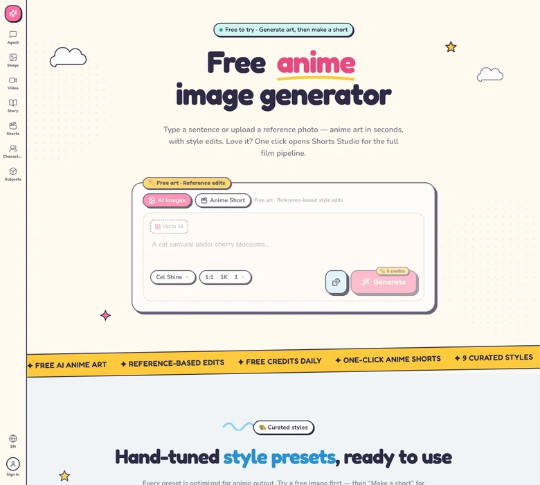 ai anime generator — landing page