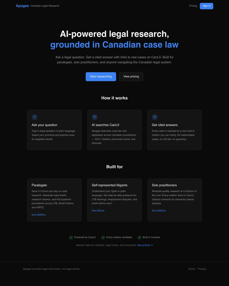 Apogee — Canadian Legal Research — landing page