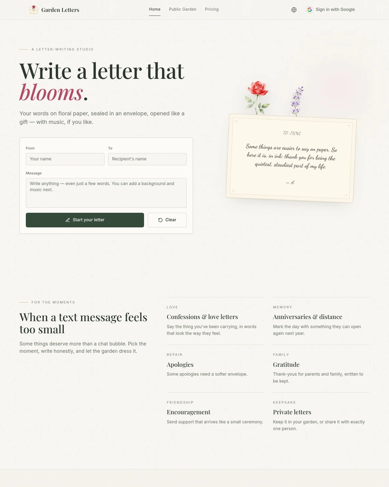 Garden Letters — landing page