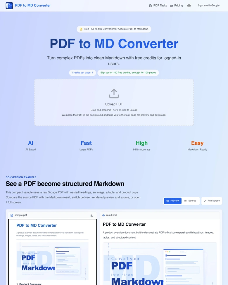 PDF to MD Converter — landing page