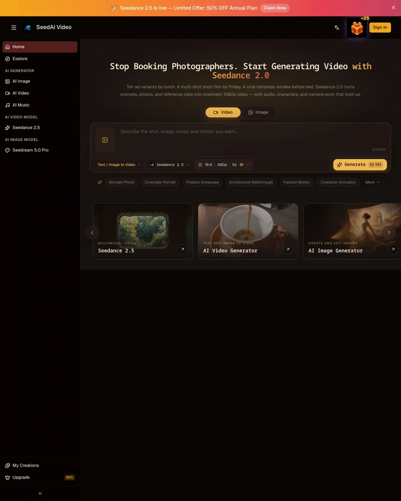 Seedance 2.0 AI Video Generator — landing page