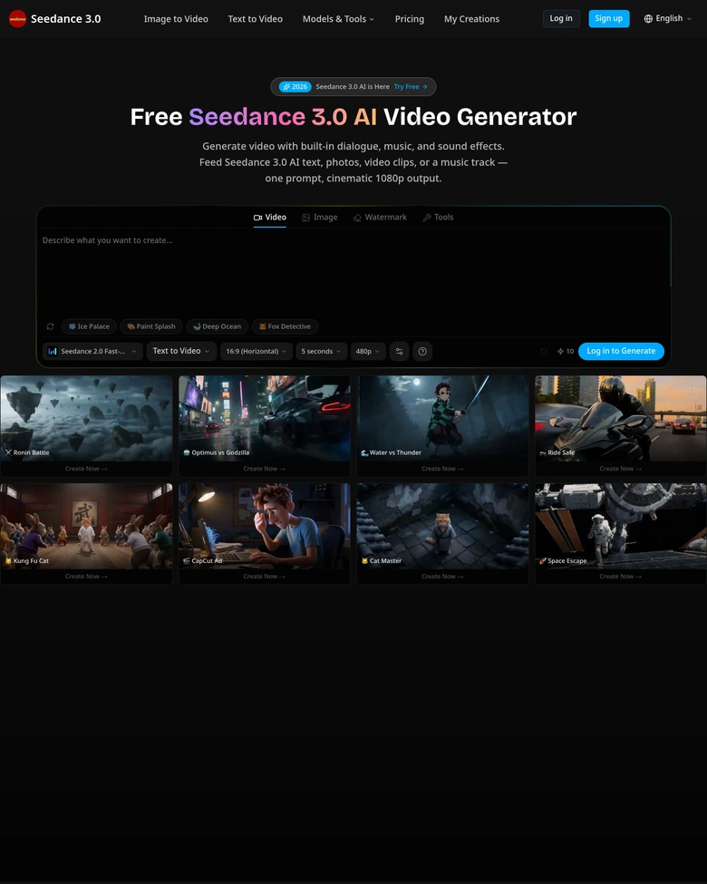 Seedance 3.0 AI — landing page