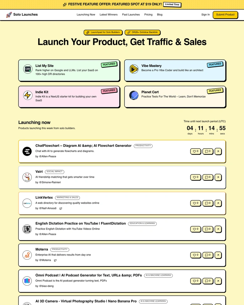 Solo Launches — landing page