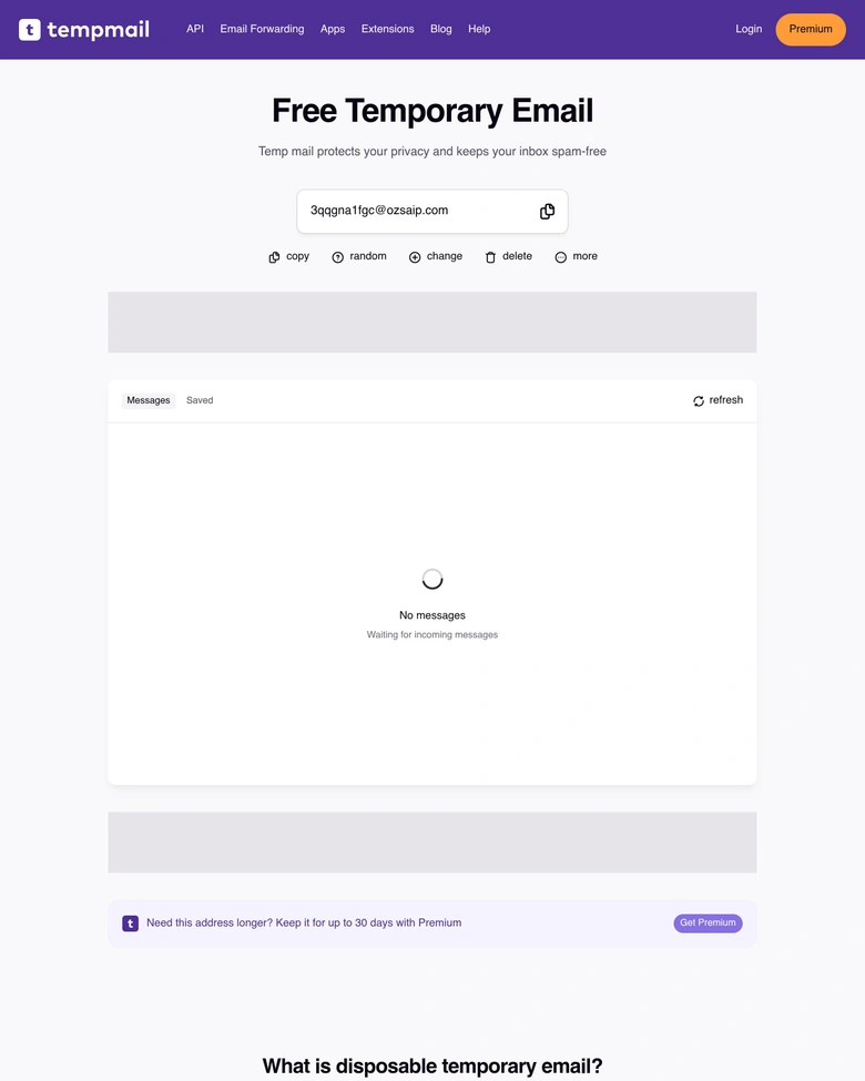 Temp Mail — landing page