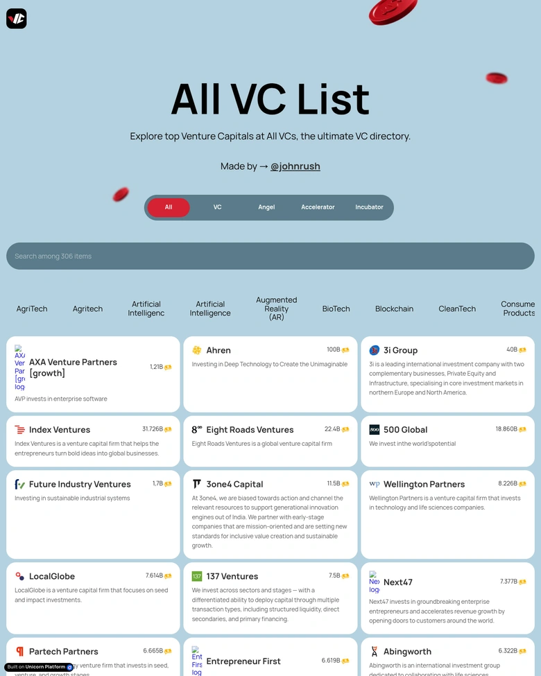 allVCList — landing page