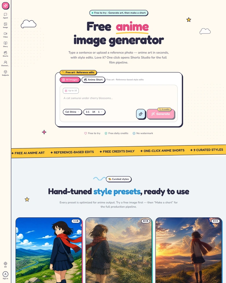 ai anime generator — landing page