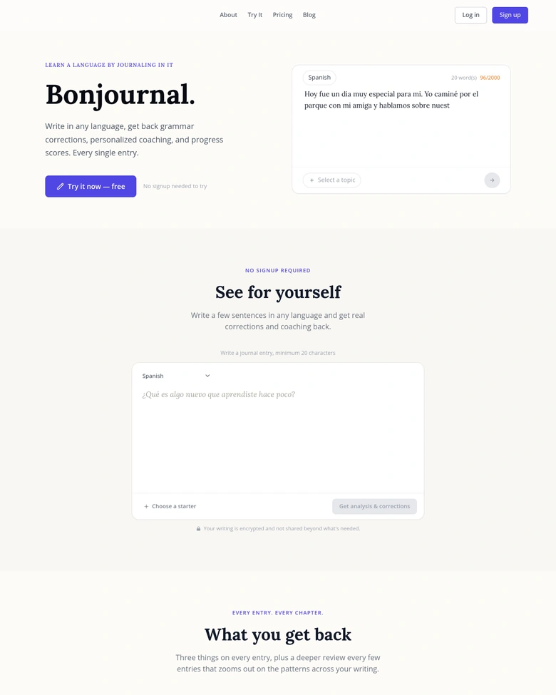Bonjournal — landing page