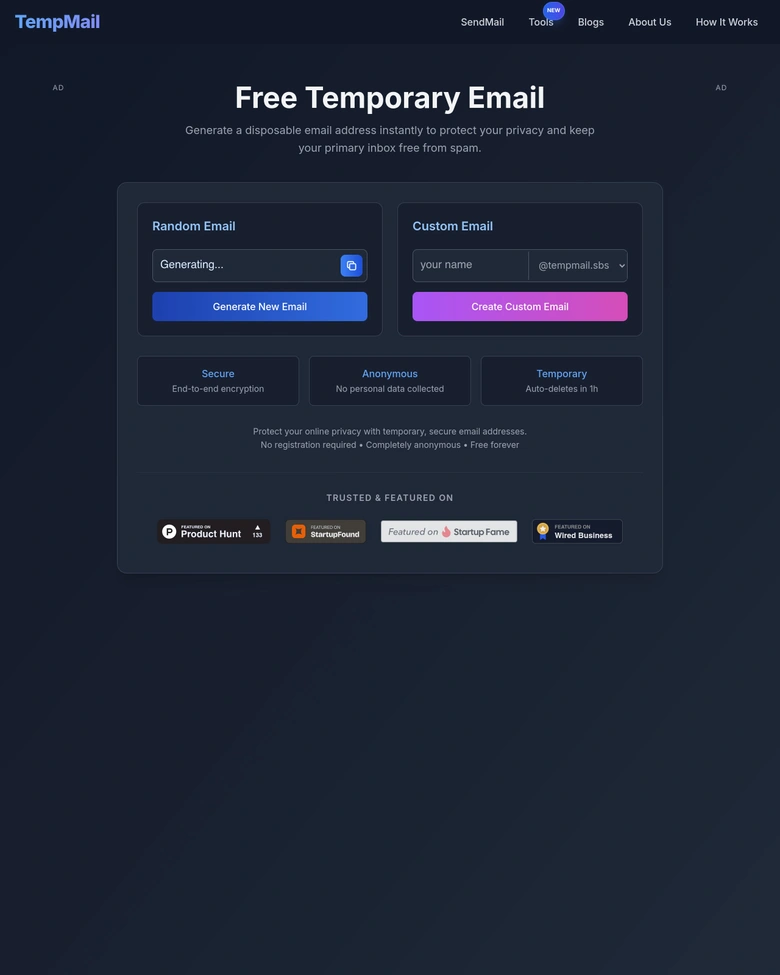 TempMail.sbs — landing page