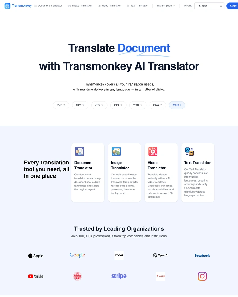 Transmonkey — landing page